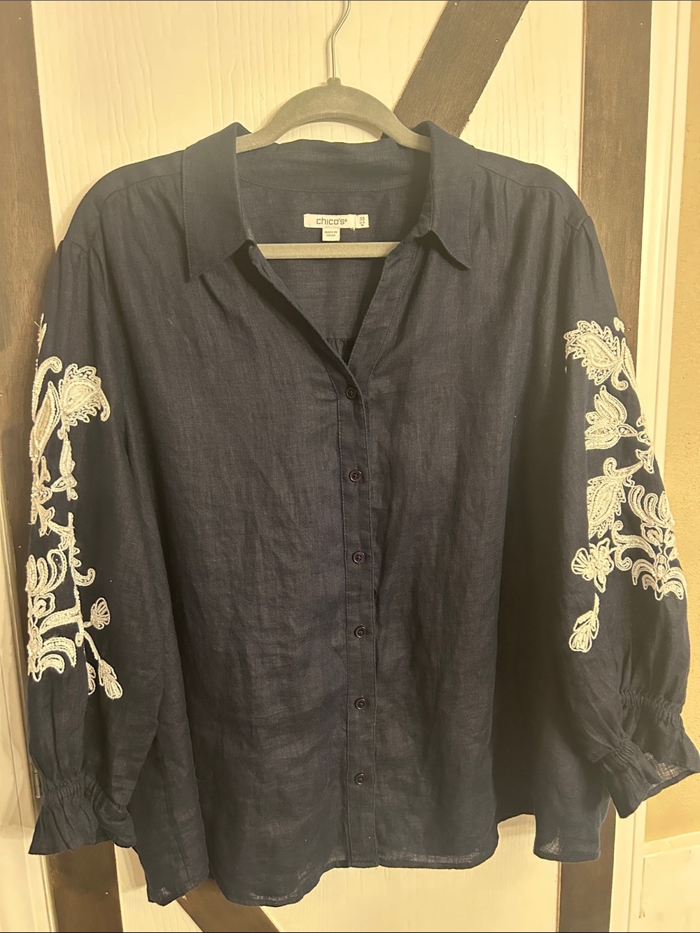 Chico's Navy Button-Front Top with White Embroidered Sleeves